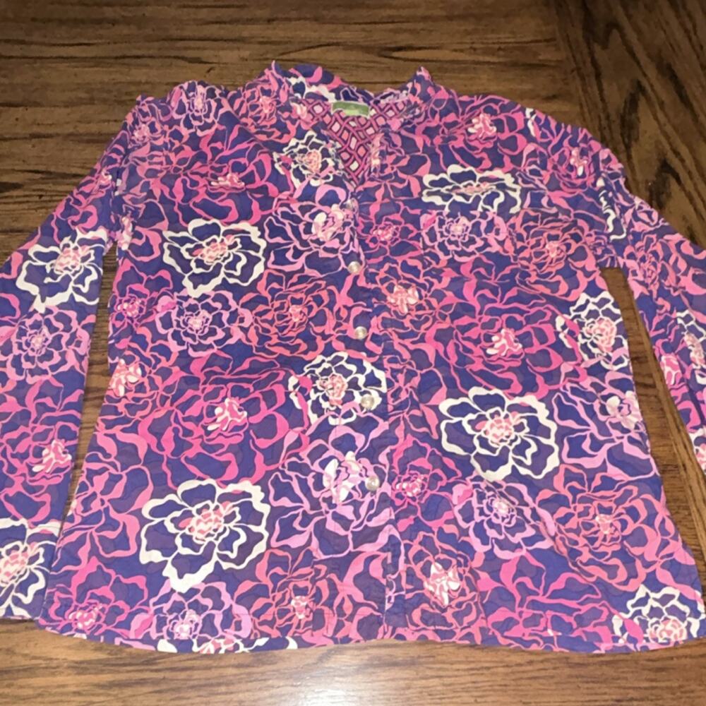 Vera Bradley Pink Purple Floral Long Sleeve Collared Button-Up Women's Blouse M - Picture 2 of 6